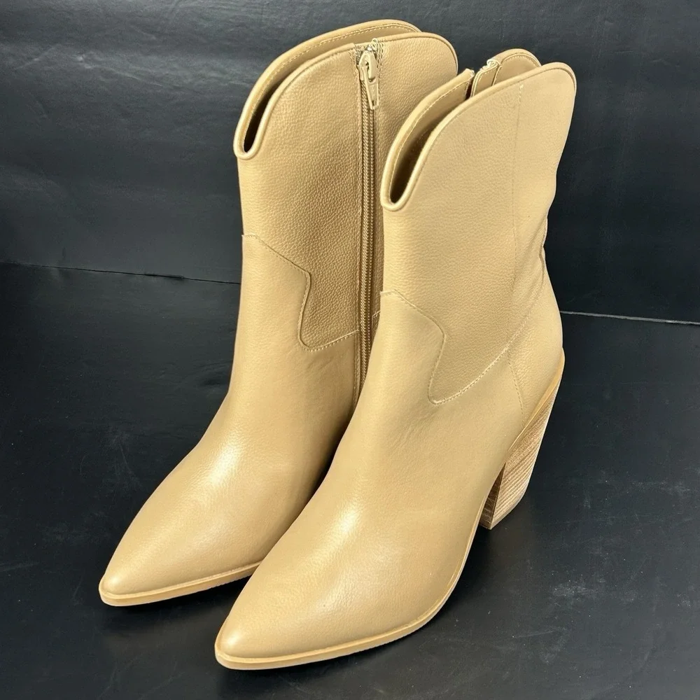 Lisa Vicky Womens Tan Leather Western Ankle Boots Pointed Toe‎ Block Heel Zip